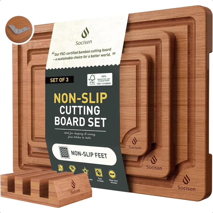 

3 Packs Bamboo Cutting Board Set with Non Slip Feet Holder and Over Sink Nice Solid Thick Wood Juice Groove Chopping Board Extr