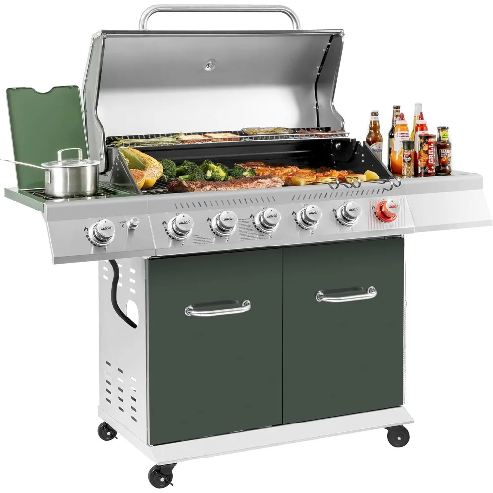 

6-Burner BBQ Liquid Propane Gas Grill in Olive Green, with Sear Burner and Side Burner, 74,000 BTU, Cabinet Style Grill