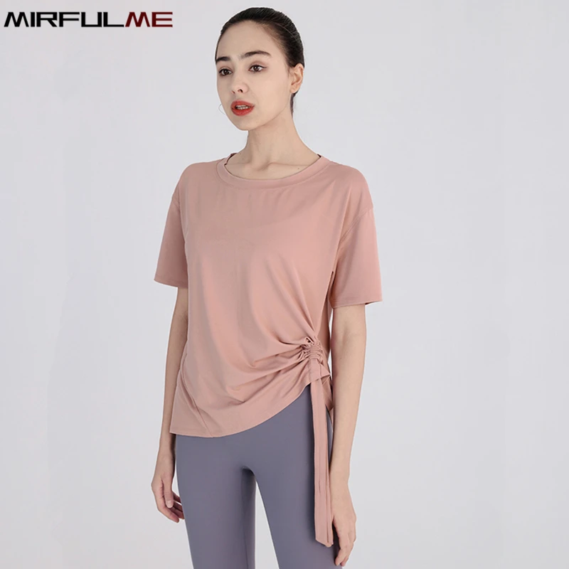 Summer Women Loose Yoga Shirts Short Sleeves Sport T-Shirts Bandage Running Shirt Girls Quick Dry Gym Fitness Tee Tops Sportwear