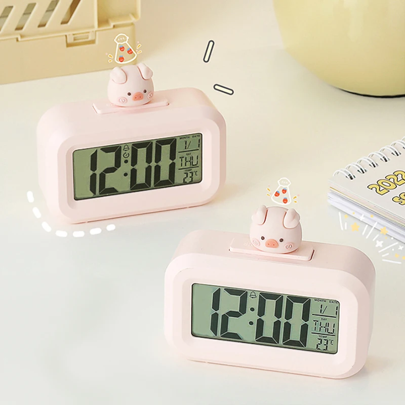 Kawaii LED Digital Clock Cute Rome Decor Cartoon Pig Alarm Clock with Night Light Room Cute Watch Bedroom Bedside Ornaments 