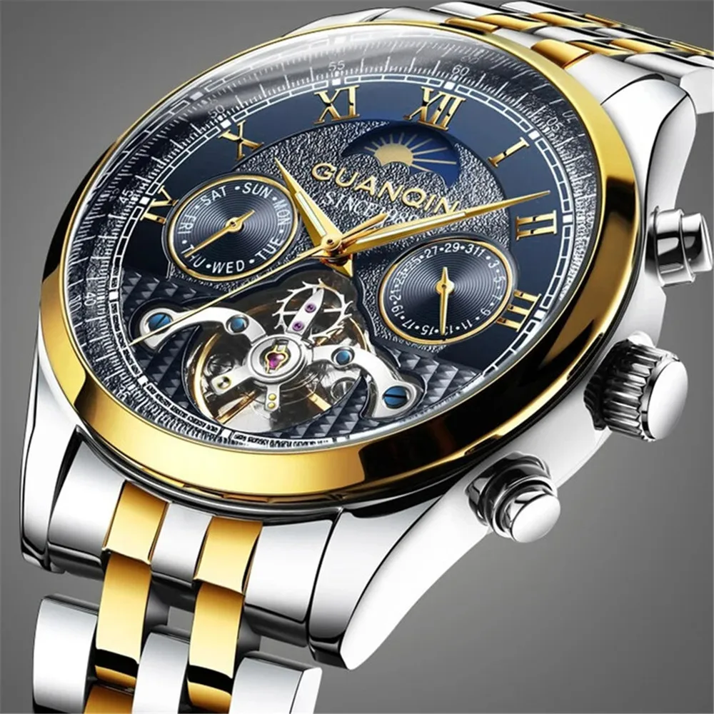 GUANQIN Men\'s Mechanical Wrist Watch Automatic Hollow Tourbillon Waterproof Luminous Steel Man Clock Calendar Multifunctional