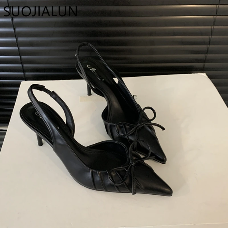 SUOJIALUN Autumn New Women Sandal Fashion Pointed Toe Pleated Ladies Elegant Dress Slingback Shoes Shallow Thin High Heel Pumps