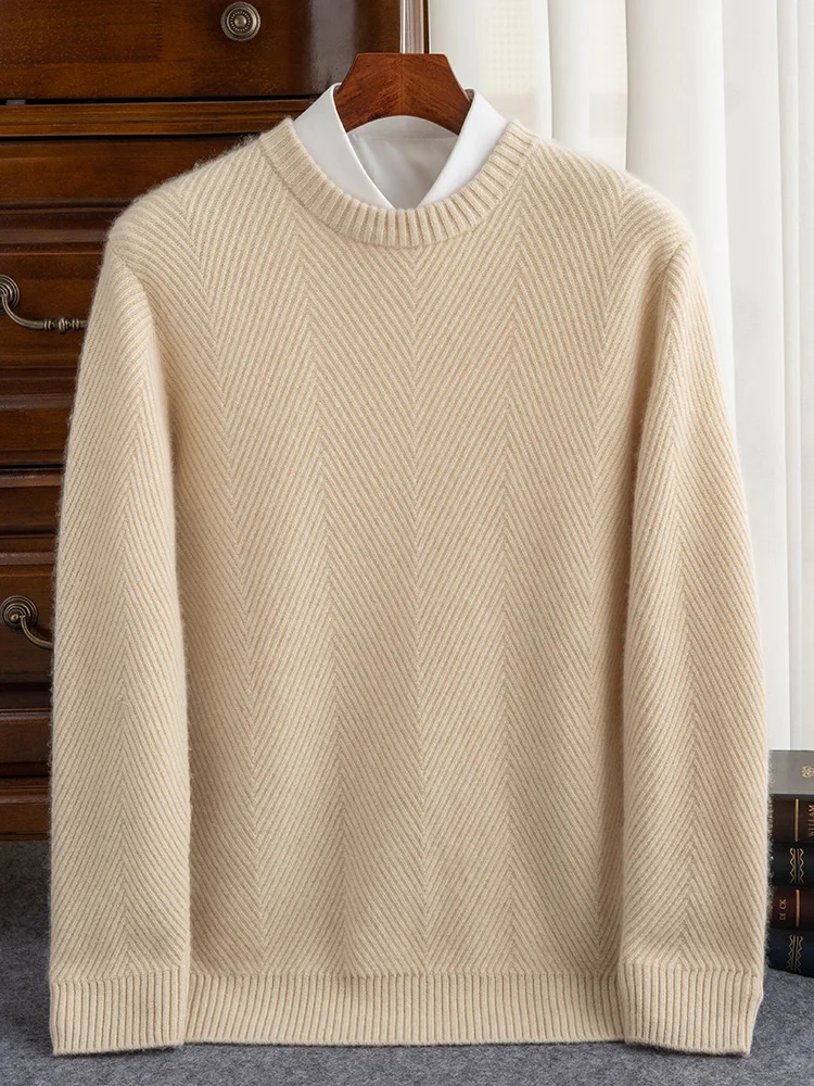 Maglione o-collo da uomo 100% Cashmere di alta qualità per l'inverno a spina di pesce spesso caldo Cashmere maglieria Pullover Smart Casual Jumper