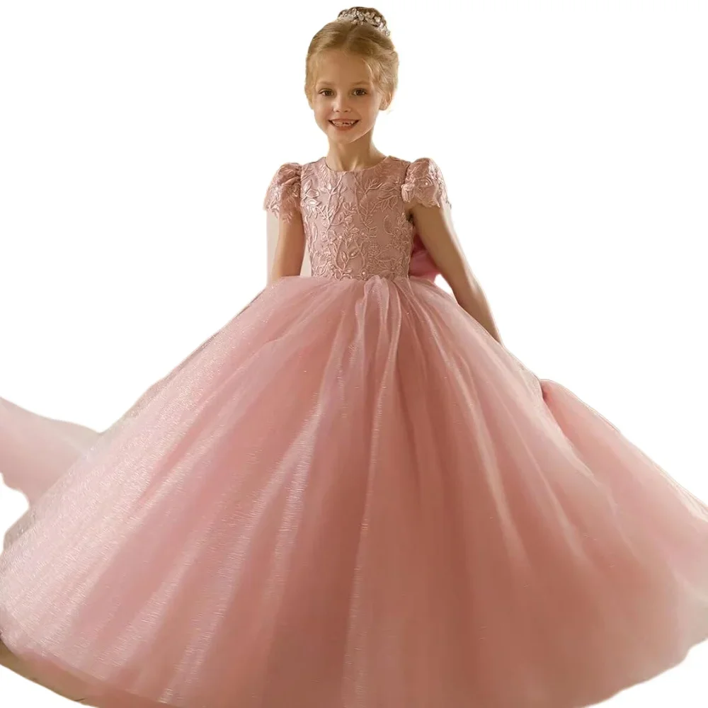 V-Neck Pageant Prom Ball Gown with Bow Princess Dress Flower Girls Lace Cap Sleeve Dress for Wedding Puffy Tulle Back