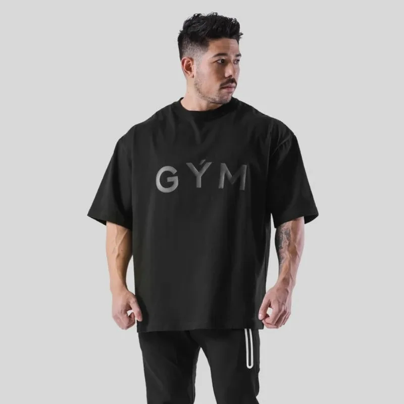 S-5XL Gym T-shirt Men Cotton Sports Short Sleeve Running T Shirt Fitness Loose Workout Tees Tops Summer Bodybuilding Clothing