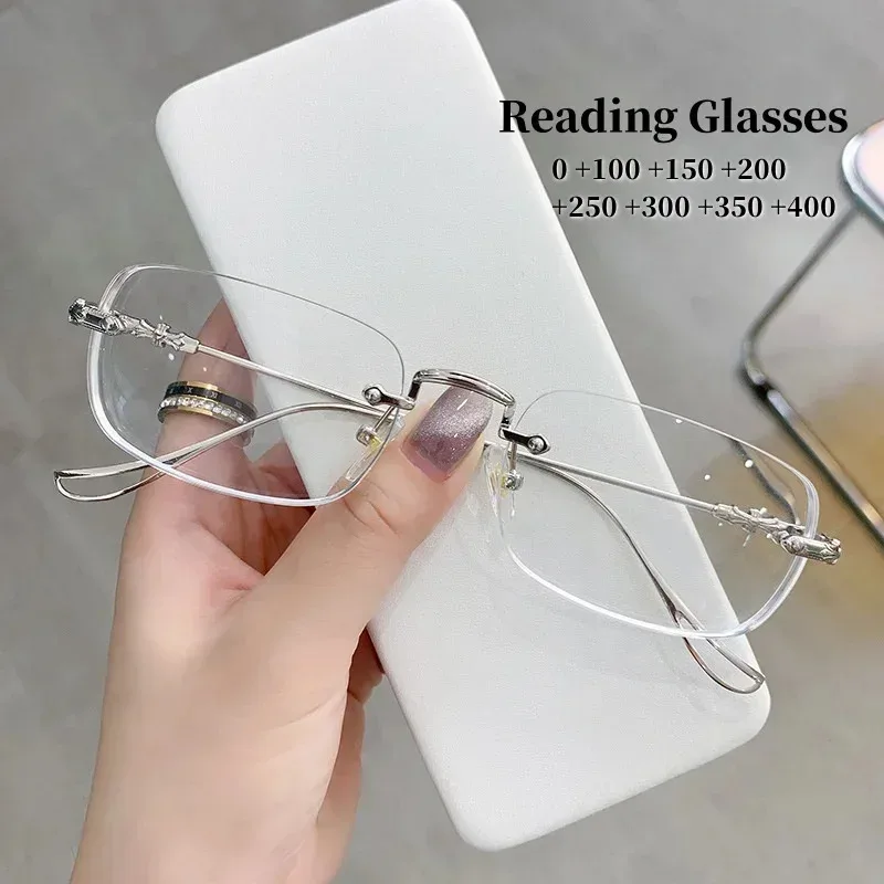 Luxus Diamant Cut Lesebrille Frauen Randlose Anti Blau Licht Brillen Damen Plus Rezept Brillen Dioptrien 0 Bis + 4,0