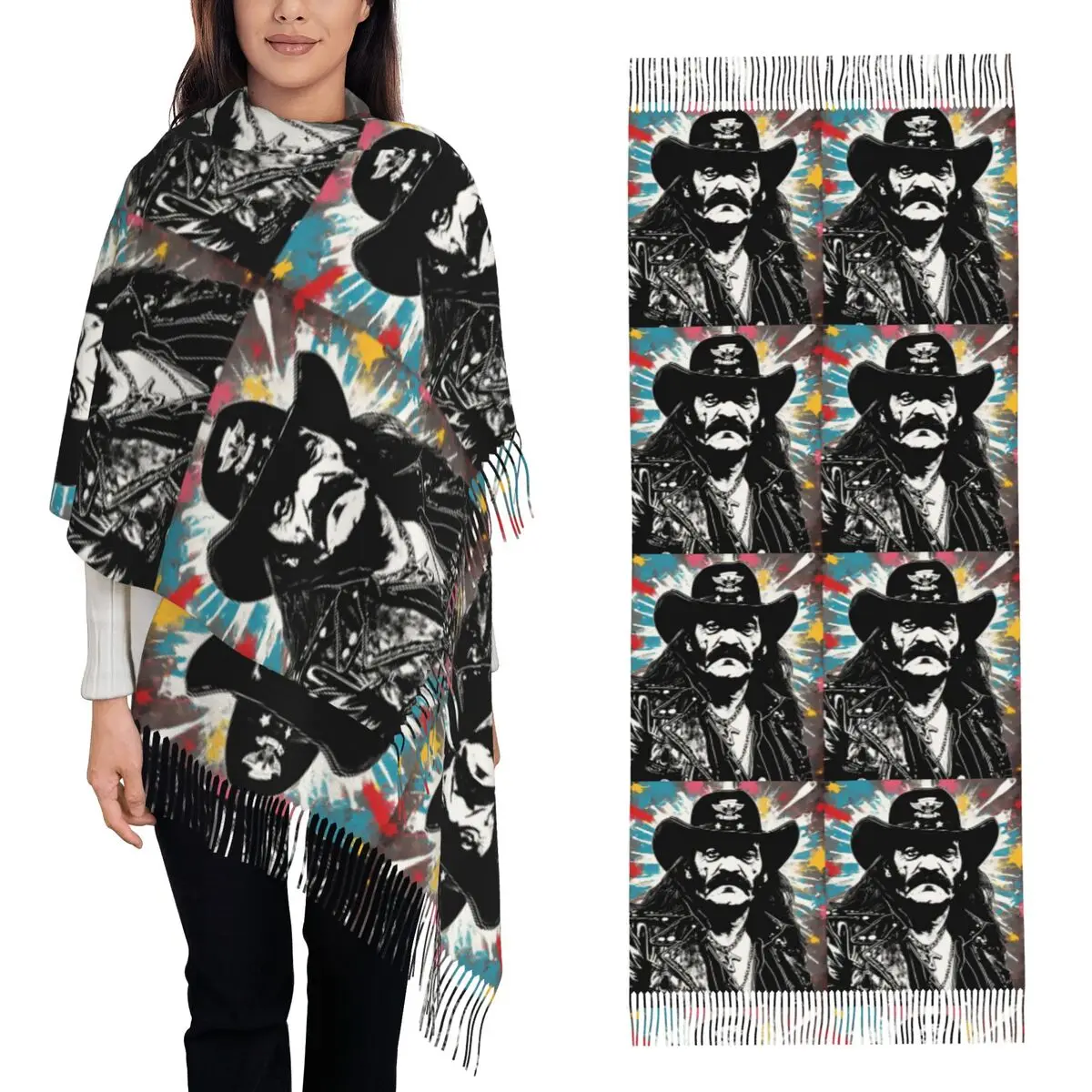 

Шарф в стиле рок-звезды и Lemmy в стиле поп-арт, шарфы с кисточками, женские мягкие теплые шали и накидки, большая осенне-зимняя шаль