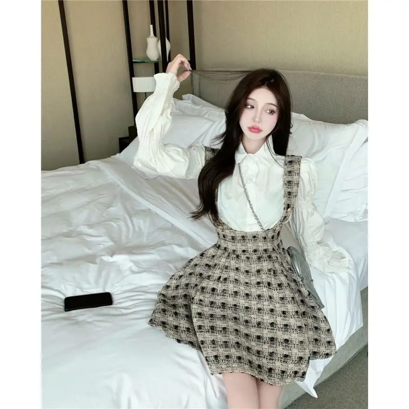 Spring Autumn Set Women\'s Middle School Bubble Sleeve Long Sleeve Shirt Women\'s Checkered Waist Strap Skirt Two Piece Set