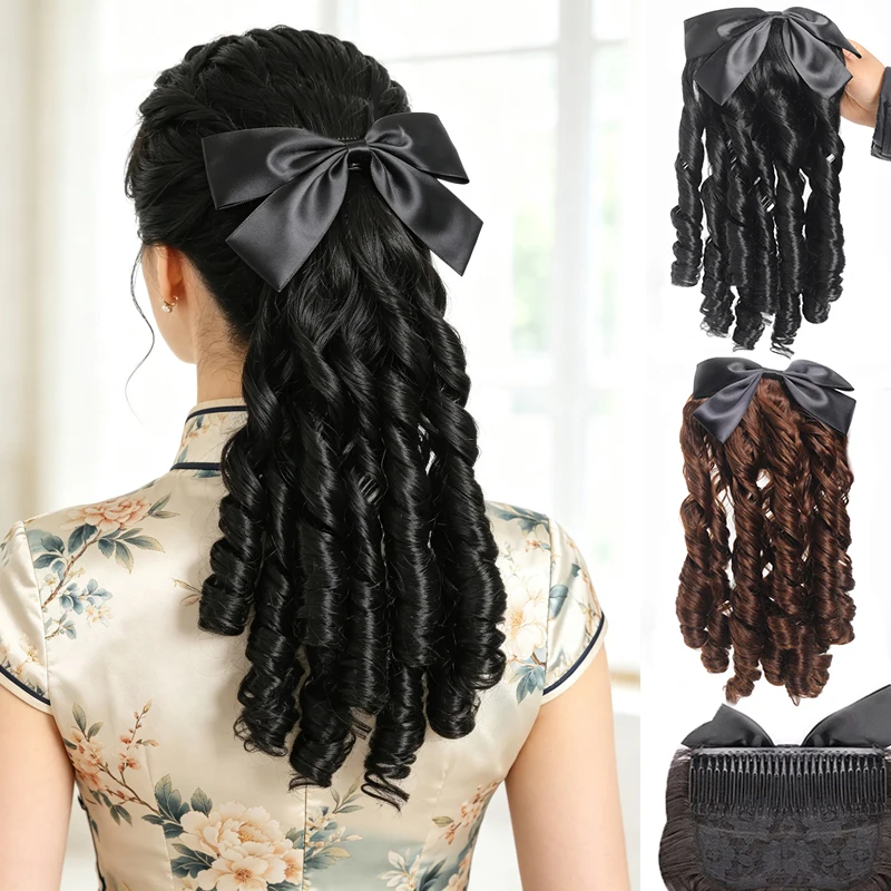 Princess Roman Curls Curly Ponytail Black Bow Retro Synthetic Hair Extension Easy Comb‑in Hairpiece Wig for Women Party Cosplay