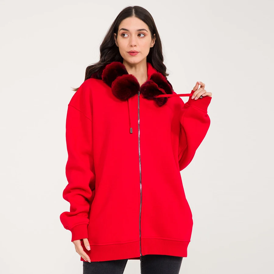 Veste à Capuche avec Col en Vraie Fourrure de Lapin Alberchilla pour Femme, Streetwear de Luxe avec Fermeture Éclair