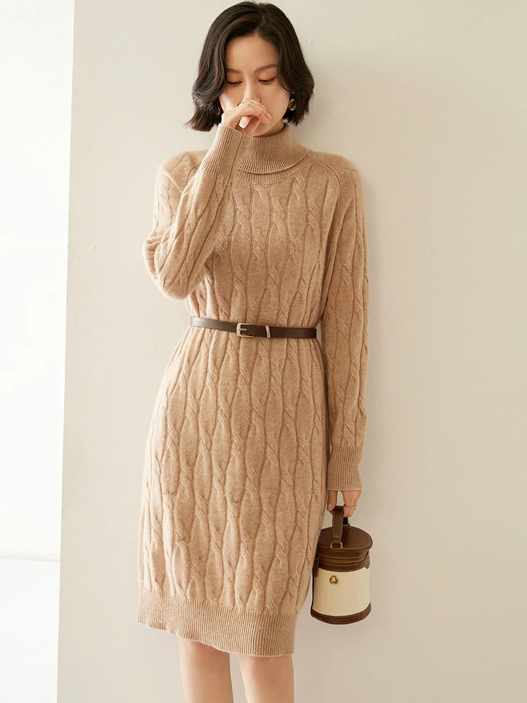 

Autumn Winter Women Sweater Cashmere Dress Turtleneck Thick Twist Flower Loose Pullover 100% Cashmere Knitted Long Sleeve Skirts