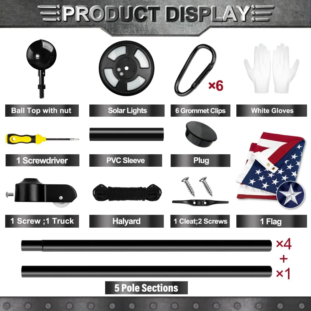 

20 FT Heavy Duty Flag Pole Kit with Solar Light, 128 LEDs, American Flag, Rust-Resistant Aluminum for Outdoor Use