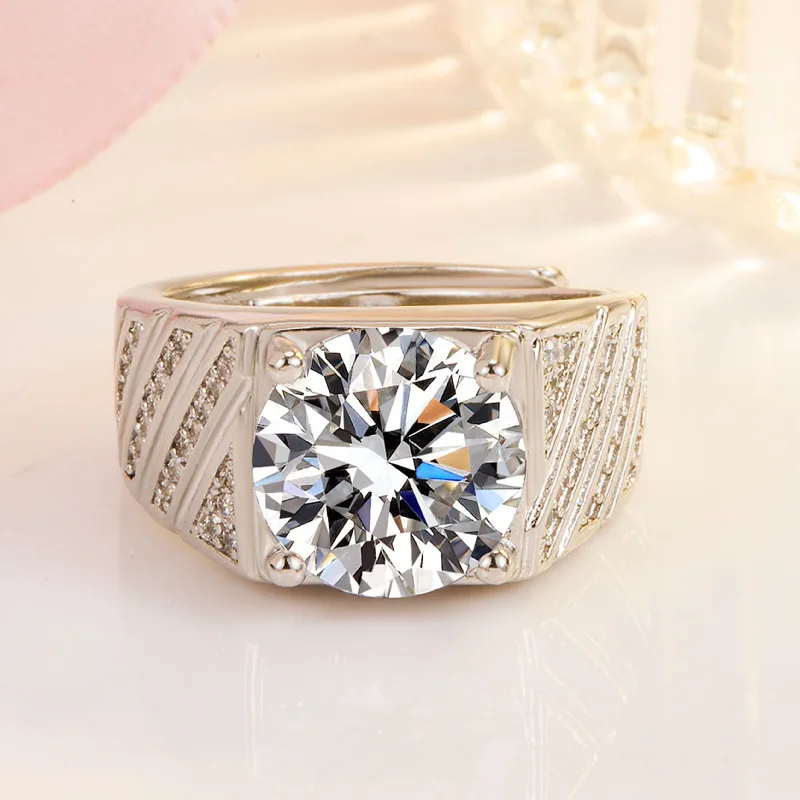 Eight Hearts Eight Arrows Cut Zircon Accent Ring for Men • Adjustable Open Band • Geometric Wind Design • 5 Carat Central Stone