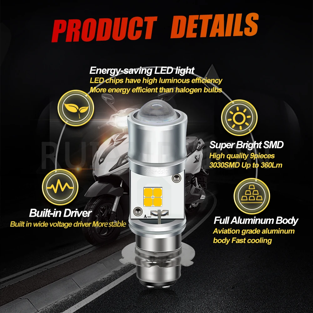 Ruiandsion P15D Led Motorcycle Headlight Blubs 3030 9LED Chip for Motorcycle Spotlights Fog lamp White+Yellow DC/AC 9-60V 1/2pcs