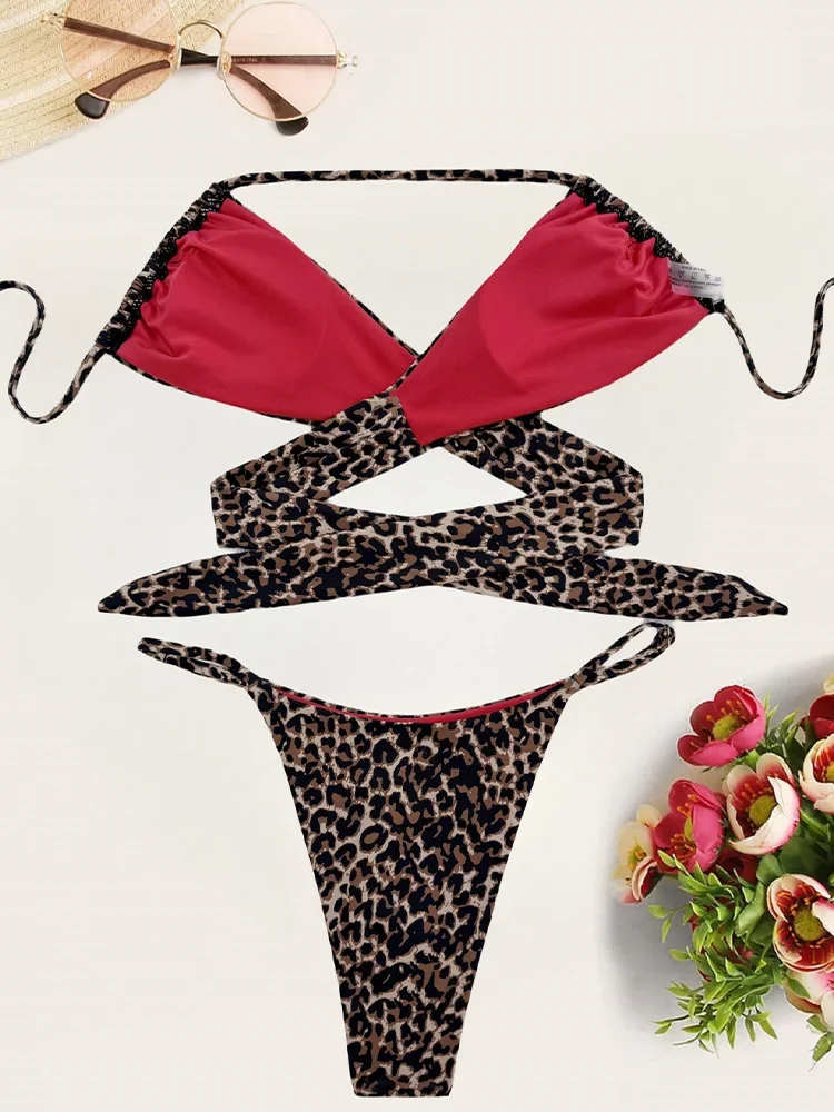 Sexy leopardo amarrado até bikini 2 peça conjunto feminino split maiô cintura alta estilo praia biquíni 2025 novo verão banho biquinis conjunto