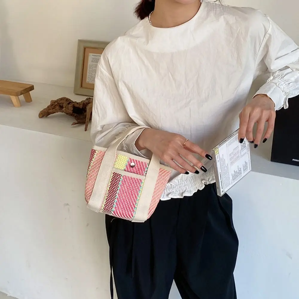 

Practical Stripe Weave Handbag Small Cloth Bag Picnic Storage Bag Tote Bag Large Capacity Fashion Straw Bag Office