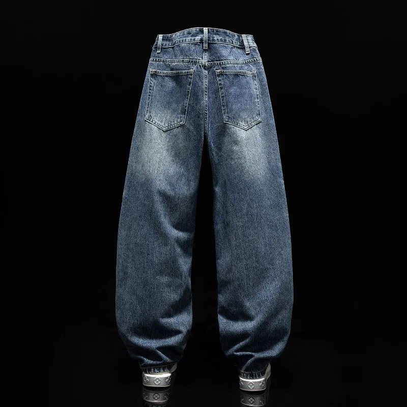 Men American Deconstructed Large Curved Washed Jeans Stylish Loose Straight Wide Leg Plain Casual Denim Trousers