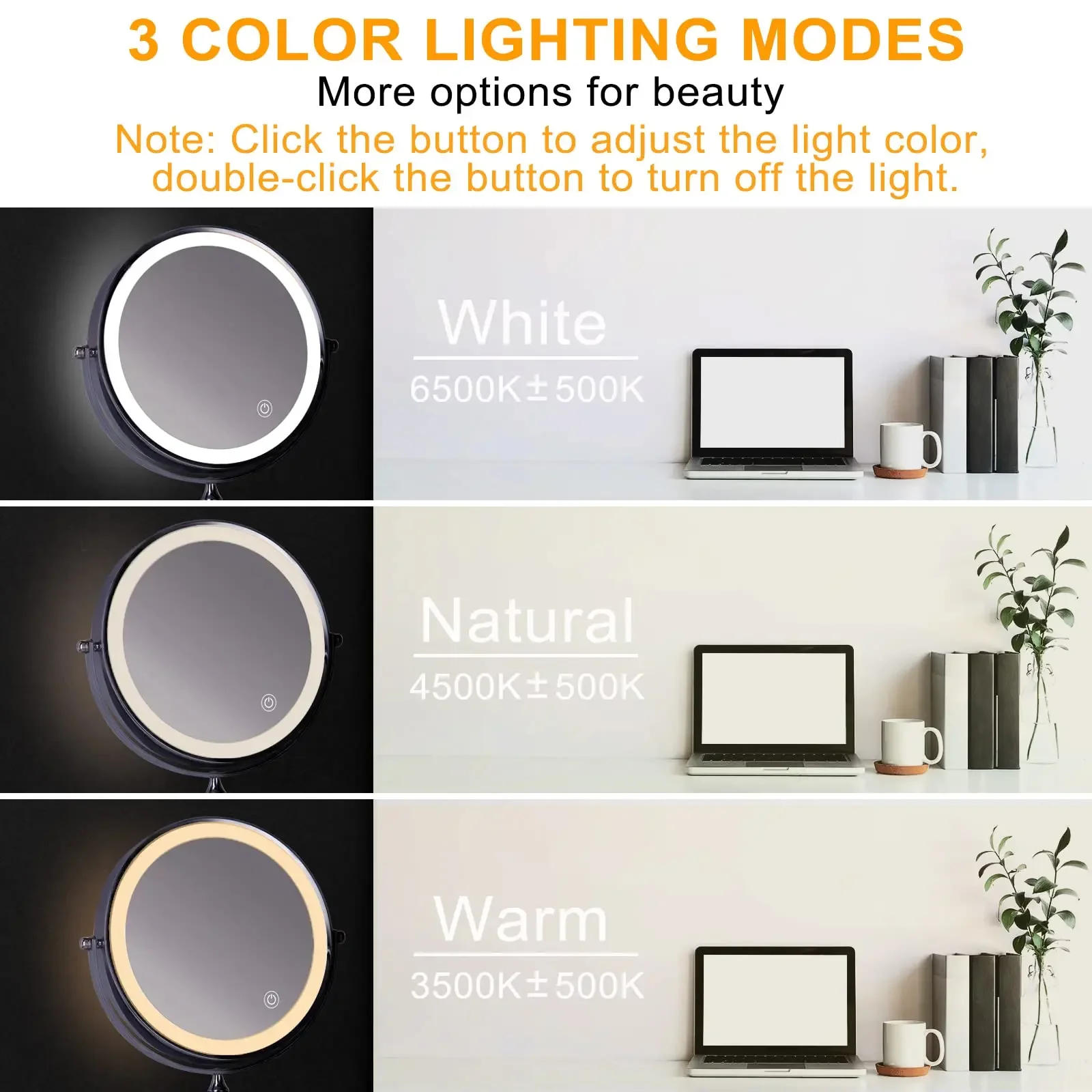 8 Inch Wall Mounted Bathroom Makeup Mirror, USB Rechargeable LED 3 Color Lights Two Sided 1X/10X Magnifying Mirror Touch Switch