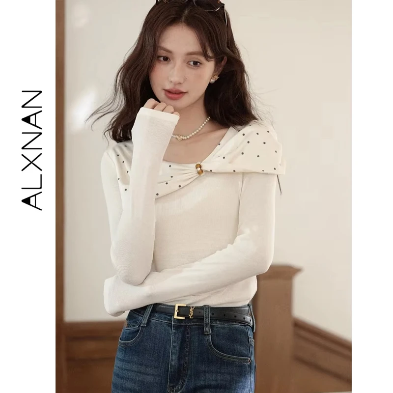 ALXNAN เสื้อยืดผู้หญิง 2025 ฤดูใบไม้ร่วงแอปริคอทแขนยาวใหม่ลายจุดบิดแฟชั่นสลิมฟิตลำลองสุภาพสตรีเสื้อยืดท็อป L57026-1