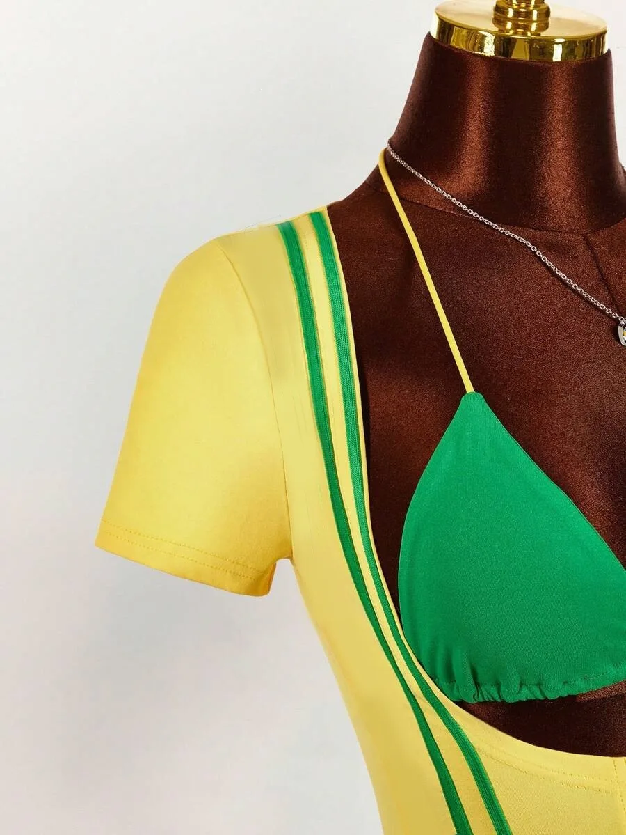Damen Y2K Brasilien-Flagge 2-teiliges Outfit, gestreiftes Kurzarm-Oberteil, Neckholder-BH, Schnürkorsett, Weste, Streetwear, Festival-Matching-Set – Detail 7