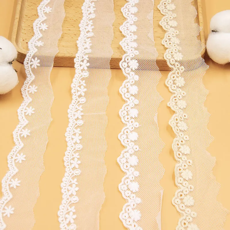 Embroidered Mesh Lace Trims, Small Wide Lace Trimmings, DIY Sewing Accessories, White, Beige Color, Cotton, 5Yards