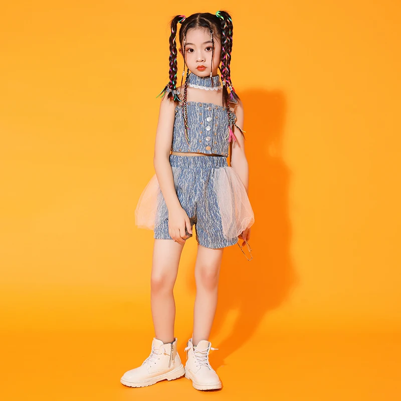 Girls Hip Hop Clothing Denim Blue Button Front Crop Tank Top Choker Gauze Jeans Shorts Teen Kids Jazz Dance Costume Clothes Sets