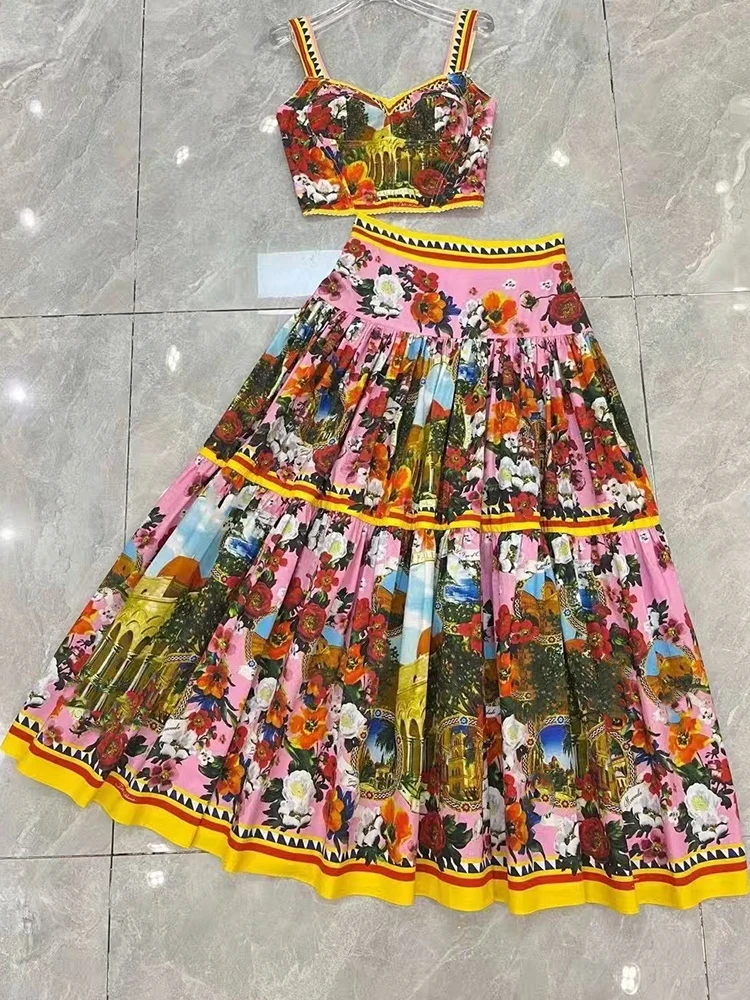 

In the summer of 2025, the new women's dress is sexy, and the waist is printed with suspenders, and the skirt is two-piece suit.