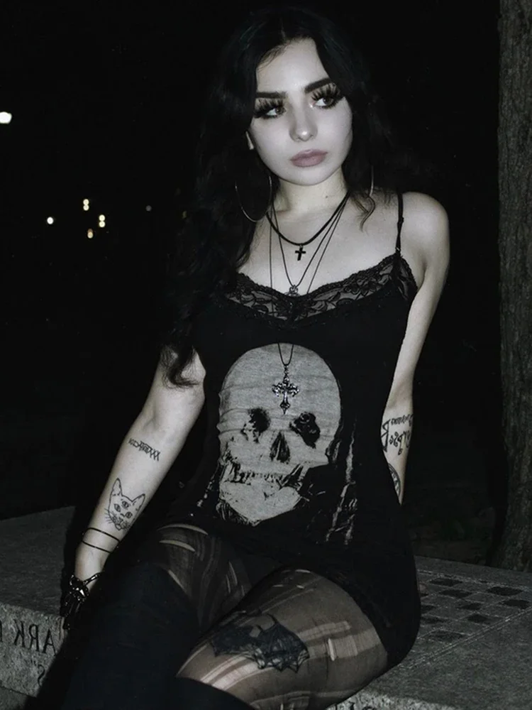 Vestido feminino gótico sem mangas de cintura alta Bodycon, streetwear Cyber Punk, crânio impresso, Harajuku, grunge, roupas Rave