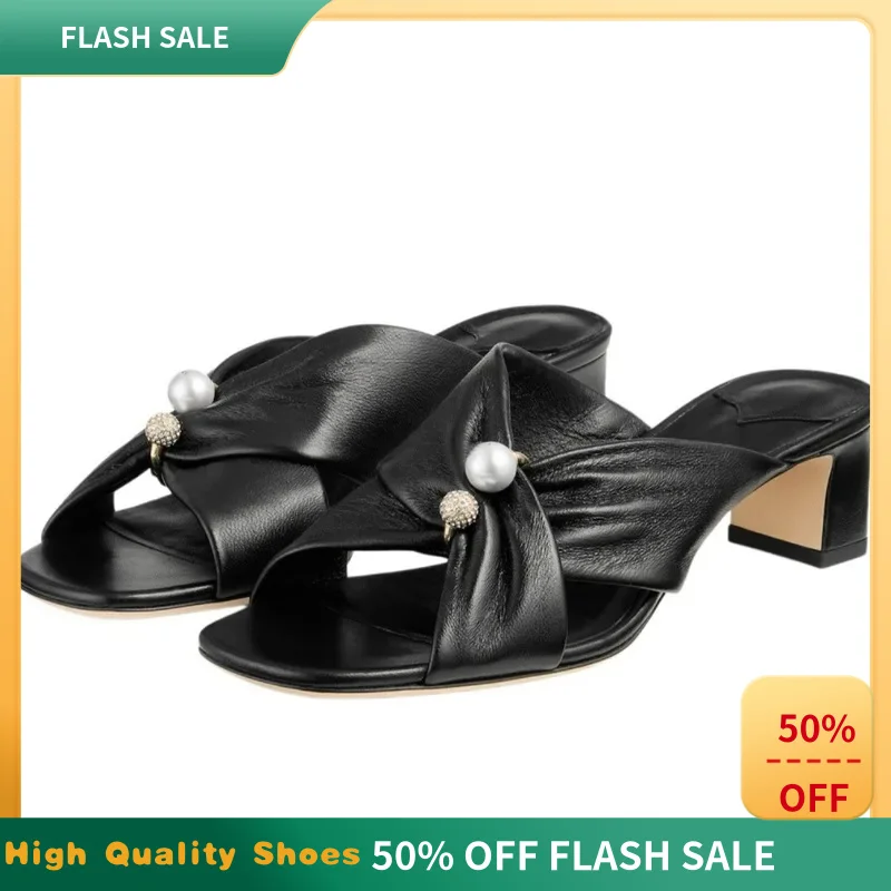 Women Metallic Twist Strap Pearl Rhinestone Comfortable Square Open Toe Block Heel Mules Summer Daily Wedding Sandals F386