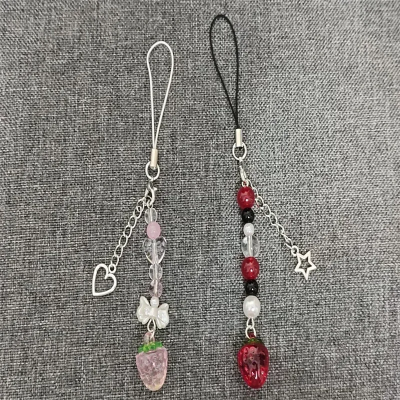 Pink & Red Nana Inspired Strawberry Phone Charms heart and star Handmade Coquette Grunge y2k Keychain Mobile Phone Chain