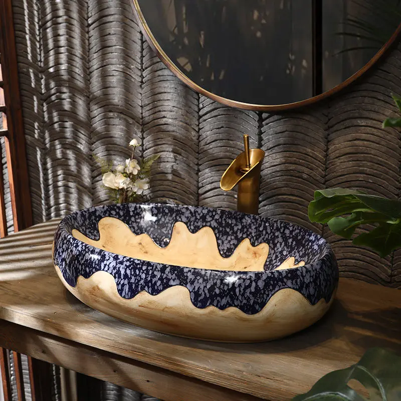 Chinese ceramic countertop basin, oval washbasin, creative vintage bathroom washbasin, art countertop basin