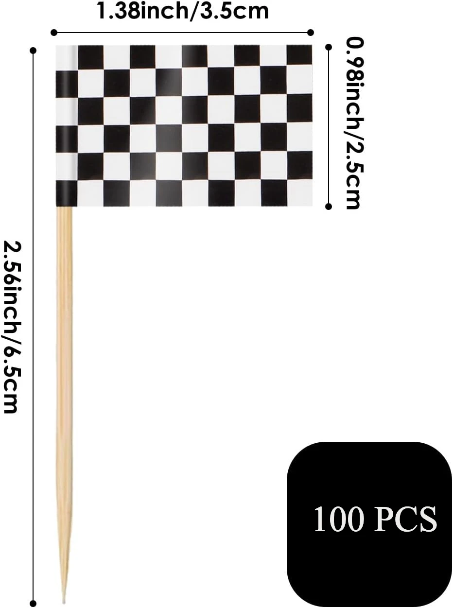 100 ชิ้น Checkered Racing Flags ไม้จิ้มฟัน, Black & White ไม้จิ้มฟันธง Cupcake Toppers สําหรับรถบรรทุกมอนสเตอร์ปาร์ตี้, รถแข่งปาร์ตี้