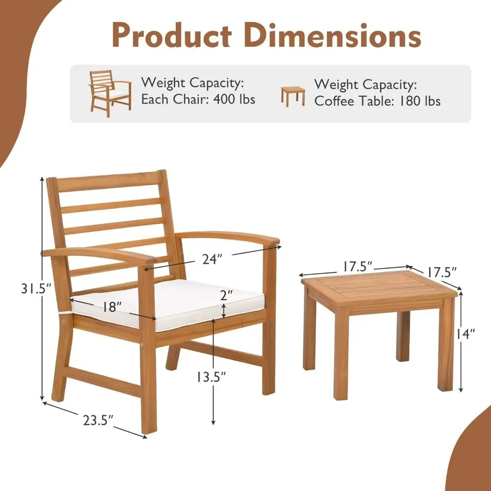 3 Pieces Outdoor Furniture Set, Acacia Wood Conversation Set with Soft Seat Cushions, Stable Acacia Wood Frame, Patio S