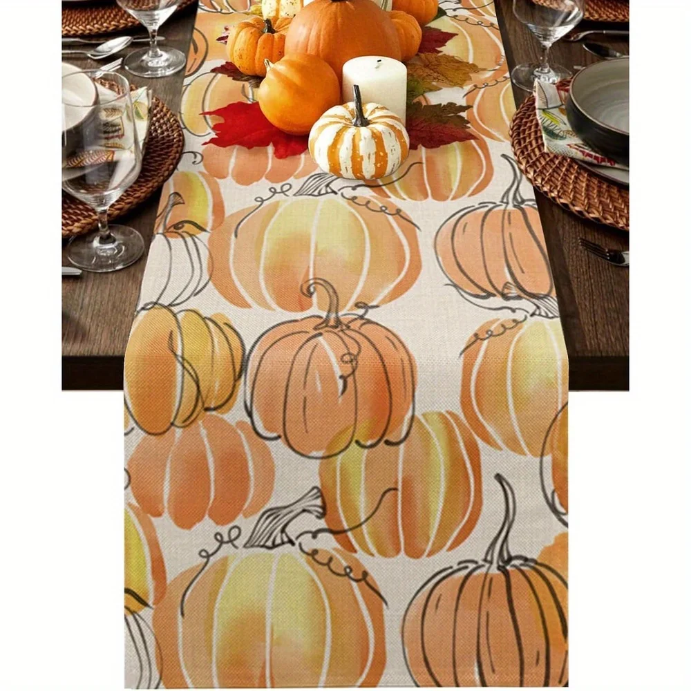 

1Pc Watercolor Orange Pumpkin Table Runner - Rustic Cloth Bag Design, Suitable for Restaurant, Home, Picnic, Homestay, Harvest Party Scene.