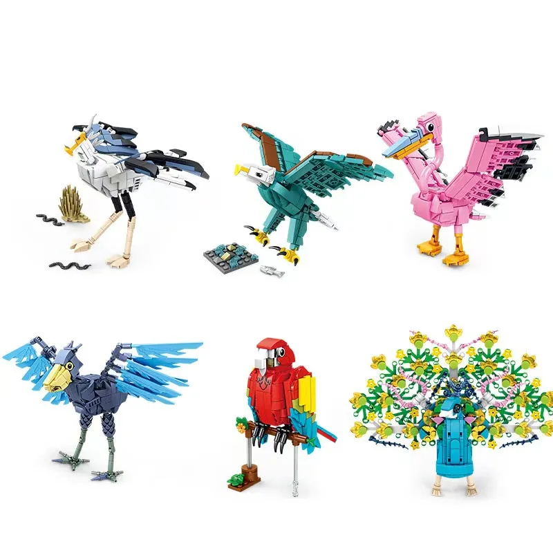 6pcs/set Creative Birds Building Blocks Cognitive Animal Steam Eagle Vultures Macaw Peacock Bricks Educational Toys For Children