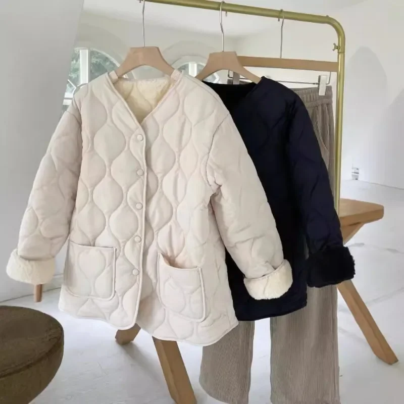 Winter Imitation Lamb Fleece Spliced Down Cotton Jacket for Women, Korean Edition Loose Ling Grid Lightweight Warm Cotton Jacket