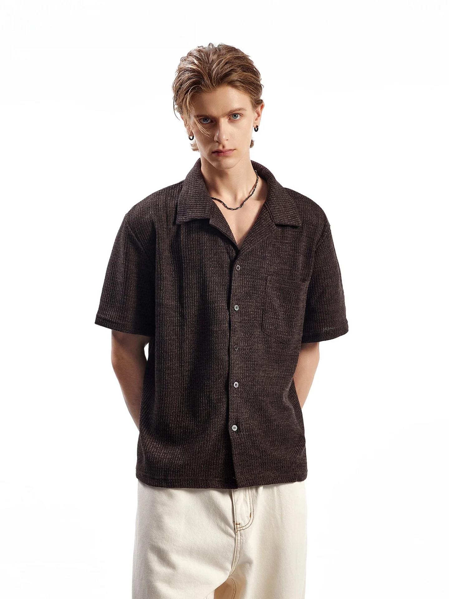 SDMADE Cuban Collar Texture Short Sleeve Shirt Men's Retro Casual Shirt Loose Fit Polyester Spandex Blend Summer 2026 Collection