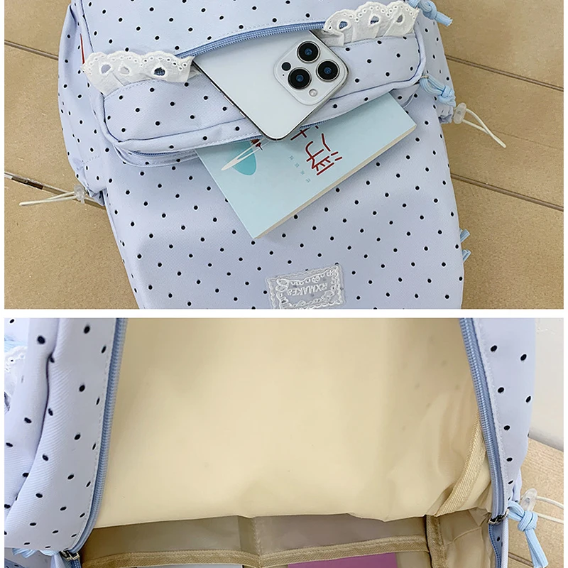 Modischer Rucksack, Damen-Schulrucksack mit Polka-Dot-Muster, süßer Spitzenbesatz, koreanischer leichter Schulrucksack mit großer Kapazität für Mädchen und Studenten – Detail 8