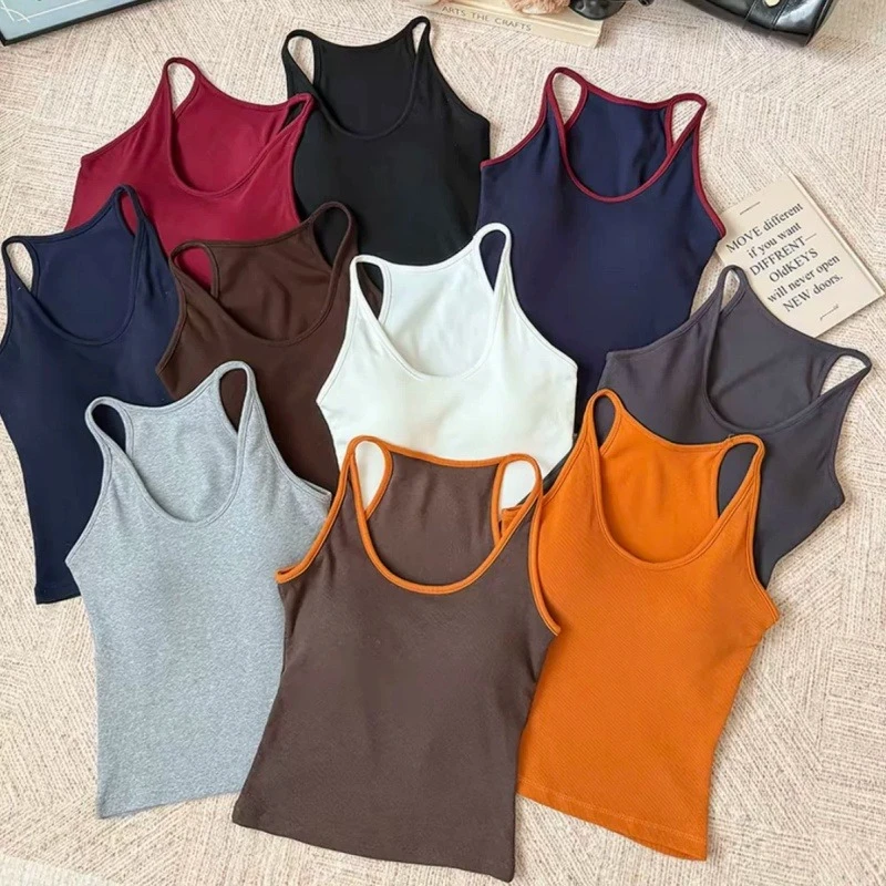 2026 Summer Solid Color Versatile Vest Y2K Slim Ribbed Tank Top With Chest Pad Figure-flattering Sleeveless Camisole For Women