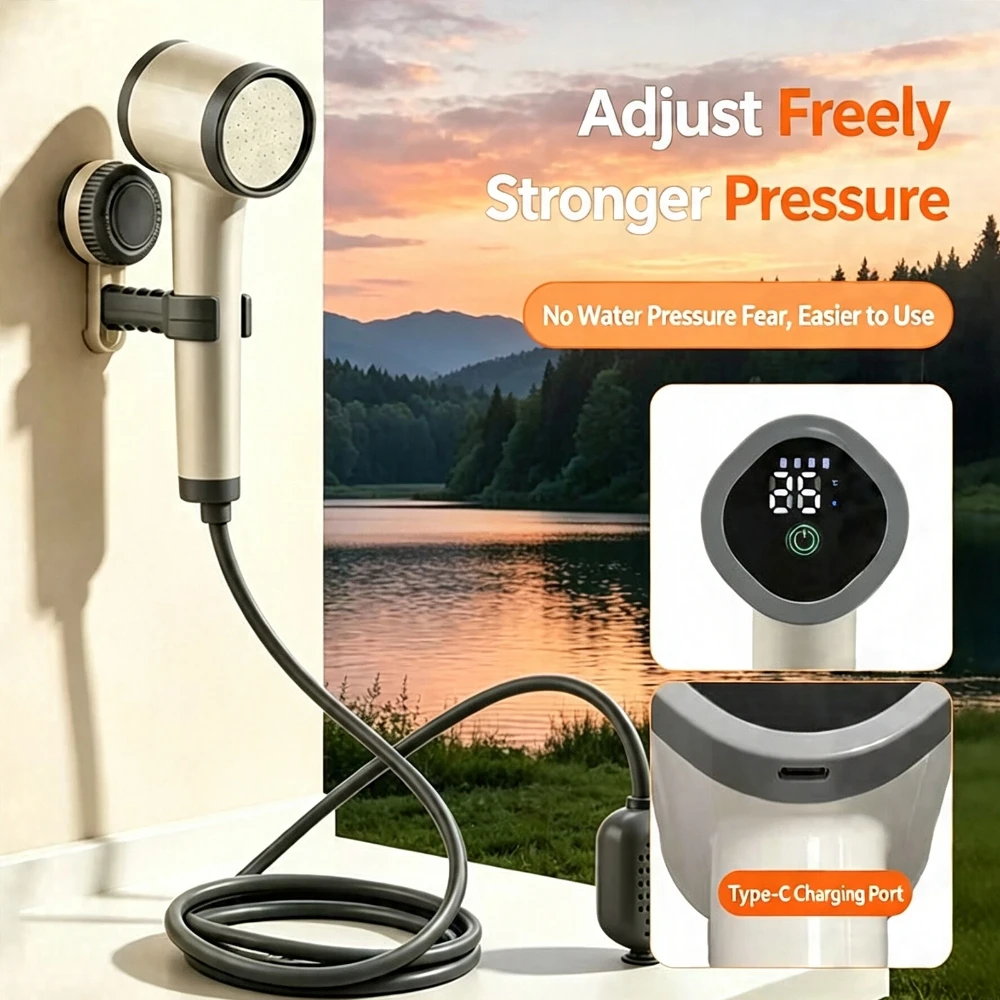 Portable Outdoor Bathing Tool Cordless Shower Head Temperature Display Pet Dog Outdoor Bathing Sprayer with 2 meter Hose