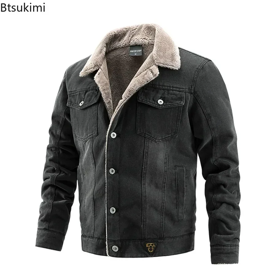 Veste en jean vintage pour hommes avec doublure en peluche épaisse, parkas décontractées chaudes, manteau à col à revers, mode masculine, automne, hiver, nouveau, 2024