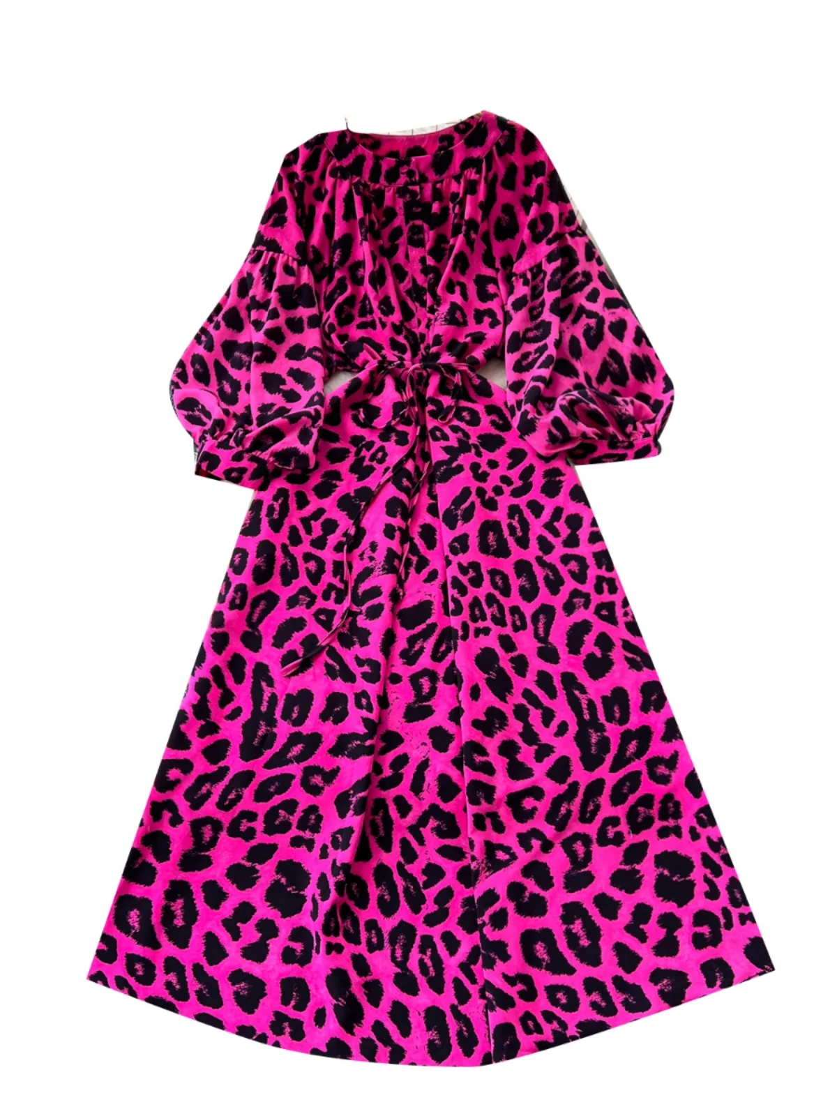 Retro-Druck Dr. Damen Herbst 2024, tailliert, rund, Ne Lantern Sve, schlankmachend, lang, Dr. Koreanische Sle, hohe Taille