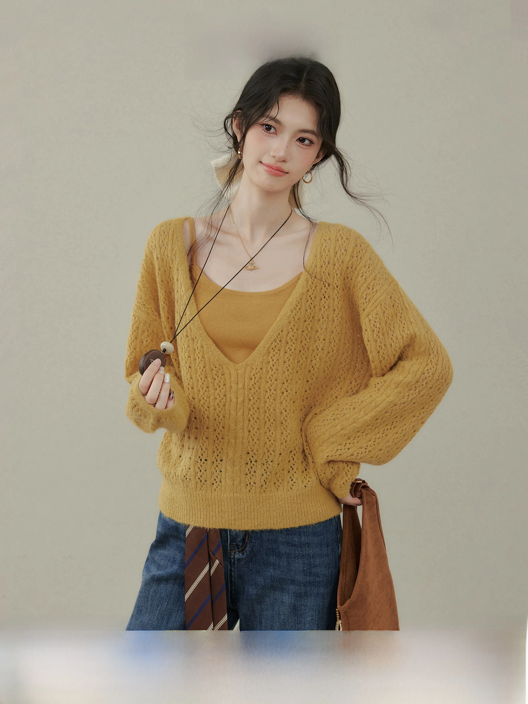 

Bailey Autumn Hollow out Knitted Cover up Set Women's Commute Sle Loose Fit Long Sve V Ne Two Piece Warmth Emitting