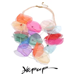Yhpup Colorful Y2K Polyester Cloth Petal Flower Layered Overlay Handmade Bib Necklace Stainless Steel Summer Trend Jewelry Women