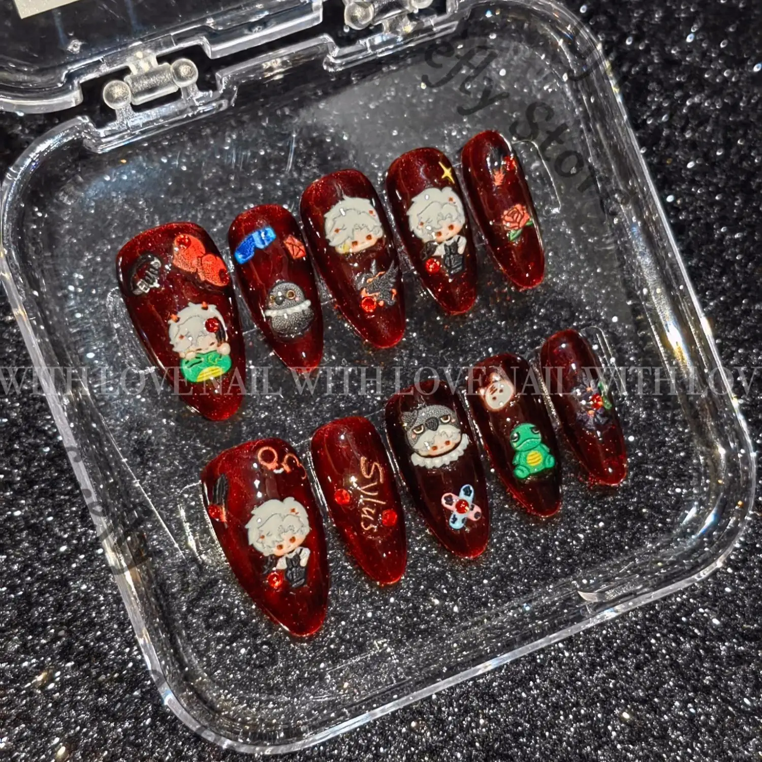 

Love and Deepspace Sylus Nails DIY Pure Handmade Products Reddish Black Relief Handcraft Press-on Rose Manicure Ornaments