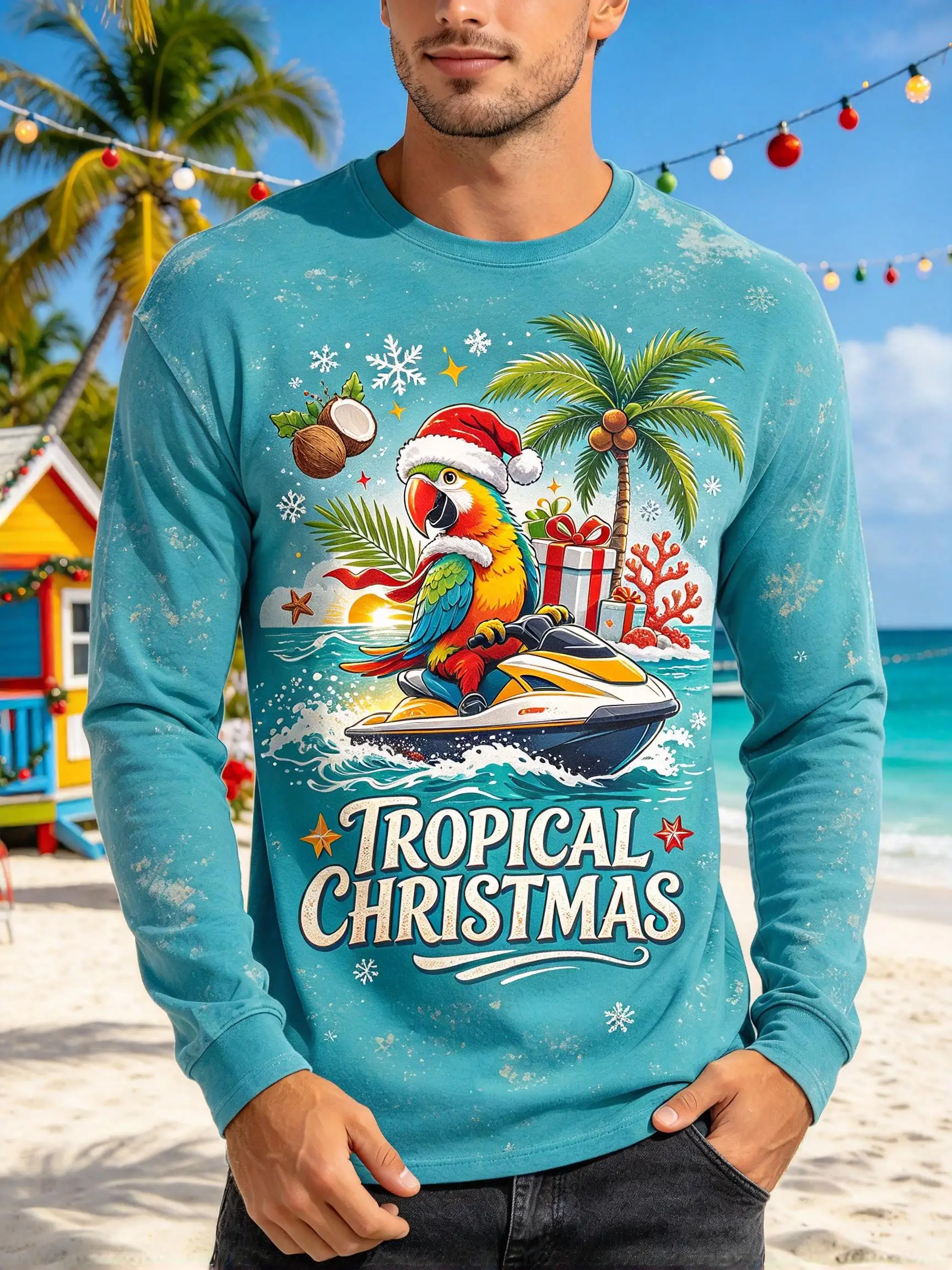Men's Tropical Christmas Graphic Long Sleeve T-shirt, Parrot Santa Jet Ski Beach Palm Tree Xmas Print Casual Holiday Tops Tee