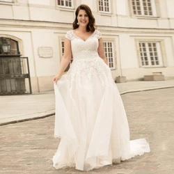 Plus Size Trouwjurk Aangepaste Kapmouw V-hals Een Lijn Boho Bruidsjurk Terug Lace-up Vestido De Noiva Corset Bruidsjurken