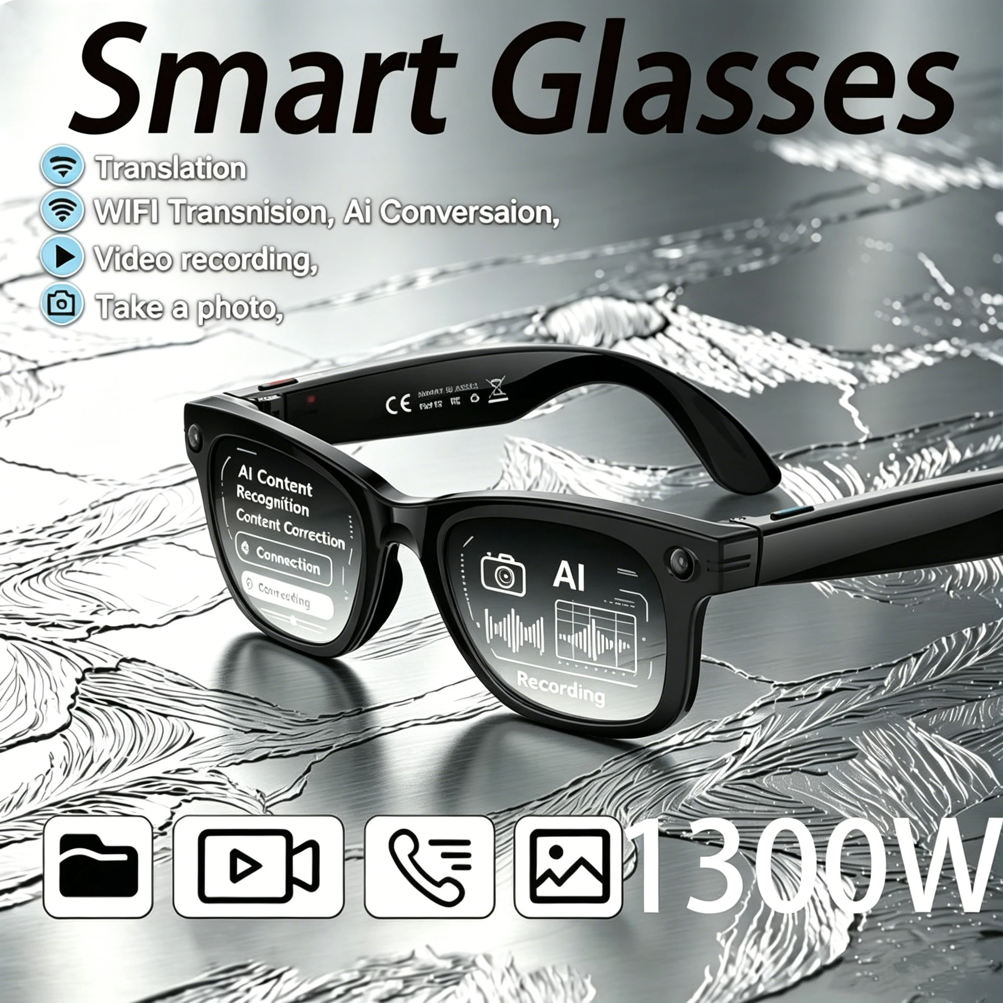 

New AI Smart Glasses AI Voice Wake-up AI Conversation 1300W HD Camera AI Translation IP66 Waterproof Bluetooth Call SmartGlasses