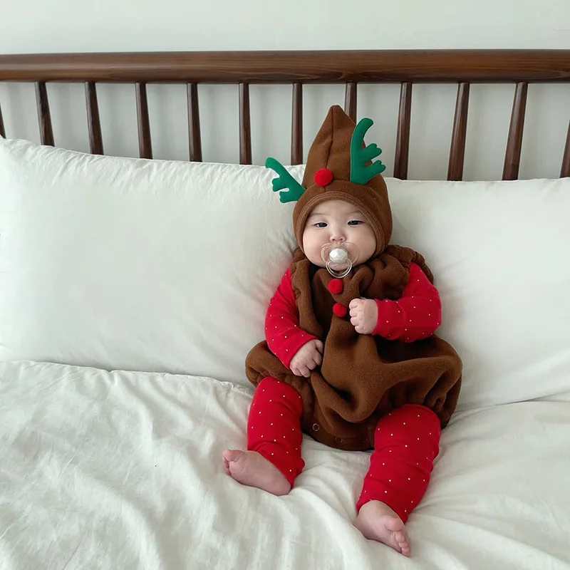 2026 Winter New Baby Sleeveless Fleece Bodysuit + Hat Infant Boy Girl Thick Warm Christmas Jumpsuit Toddler Clothes 0-24M