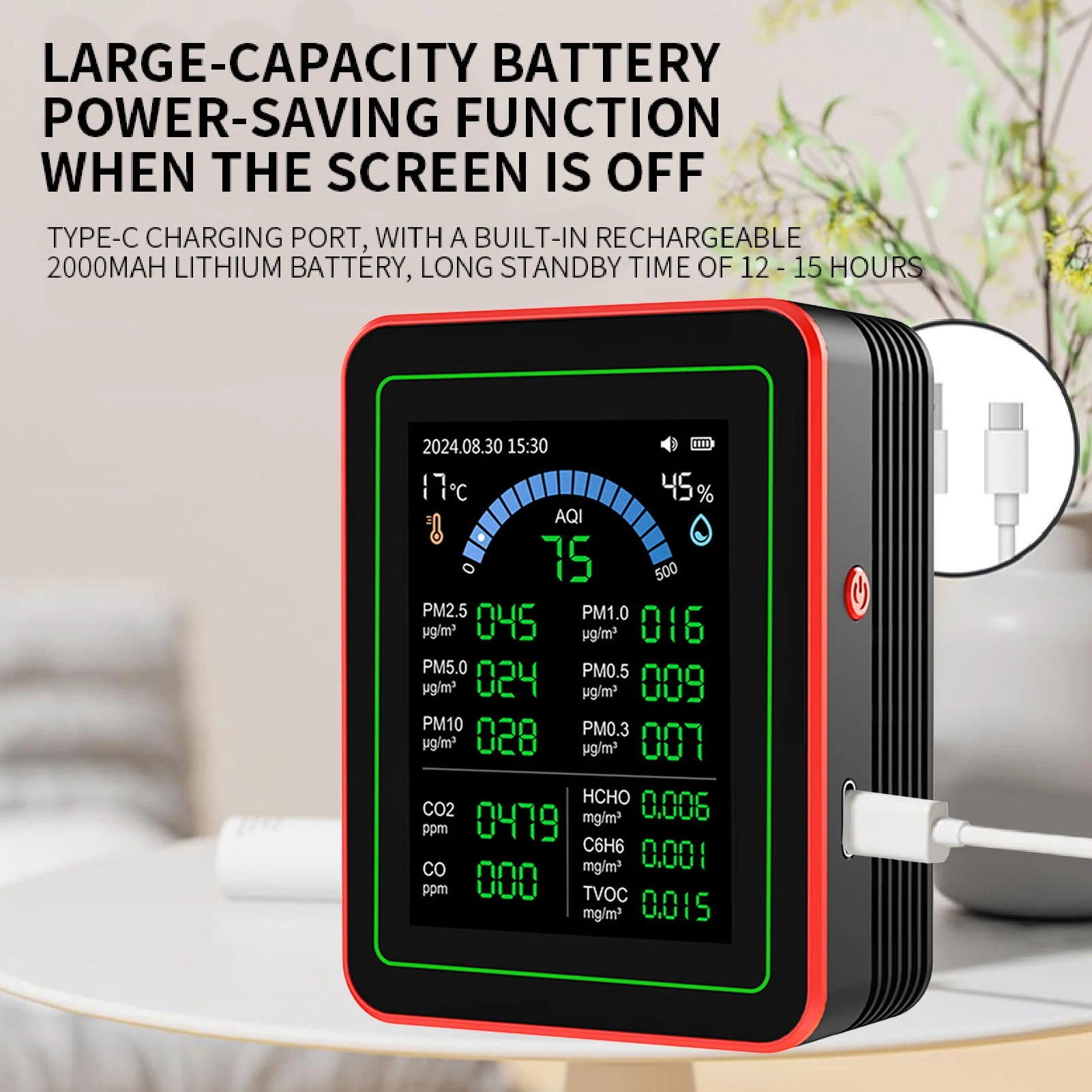 

Измеритель качества воздуха 18 в 1, 2,8-дюймовый HD-экран типа C, зарядный измеритель качества воздуха в помещении, тестер, легко читаемый, многофункциональный для дома